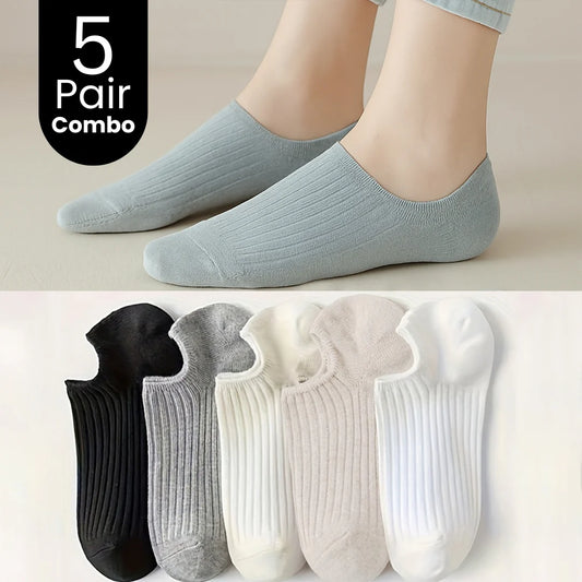 5-Pair Solid Boat Socks Simple Breathable Invisible Short Socks Combo